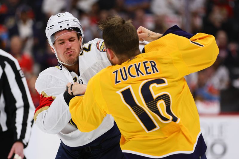 Mar 21, 2024; Sunrise, Florida, USA; Nashville Predators left wing Jason Zucker (16) and Florida Panthers center Nick Cousins (21) fight during the first period at Amerant Bank Arena. Mandatory Credit: Sam Navarro-USA TODAY Sports