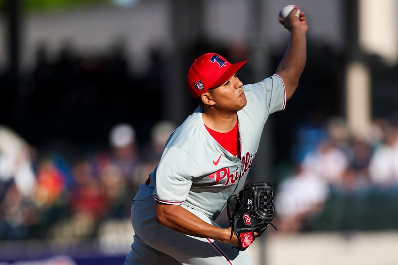 Mar 19, 2024; Lakeland, Florida, USA;  Philadelphia Phillies starting pitcher Ranger Suarez (55) throws a pitch against the Detroit Tigers in the first inning at Publix Field at Joker Marchant Stadium. Mandatory Credit: Nathan Ray Seebeck-USA TODAY Sports