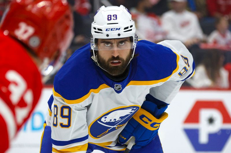 Nov 2, 2024; Detroit, Michigan, USA; Buffalo Sabres right wing Alex Tuch (89) looks on during the first period of the game against the Detroit Red Wings at Little Caesars Arena. Mandatory Credit: Brian Bradshaw Sevald-Imagn Images