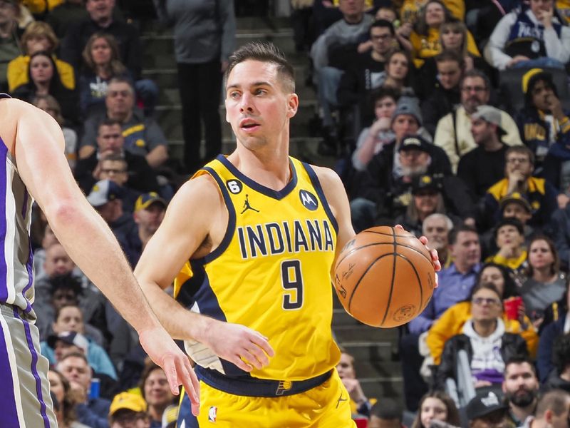 INDIANAPOLIS, IN - FEBUARY 3:  T.J. McConnell #9 of the Indiana Pacers drives to the basket during the game on Febuary 3, 2023 at Gainbridge Fieldhouse in Indianapolis, Indiana. NOTE TO USER: User expressly acknowledges and agrees that, by downloading and or using this Photograph, user is consenting to the terms and conditions of the Getty Images License Agreement. Mandatory Copyright Notice: Copyright 2023 NBAE (Photo by Ron Hoskins/NBAE via Getty Images)