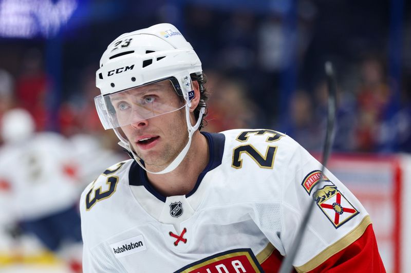 Dec 15, 2025; Tampa, Florida, USA; Florida Panthers center Carter Verhaeghe (23) warms up before a game against the before a game against the Tampa Bay Lightning at Benchmark International Arena. Mandatory Credit: Nathan Ray Seebeck-Imagn Images