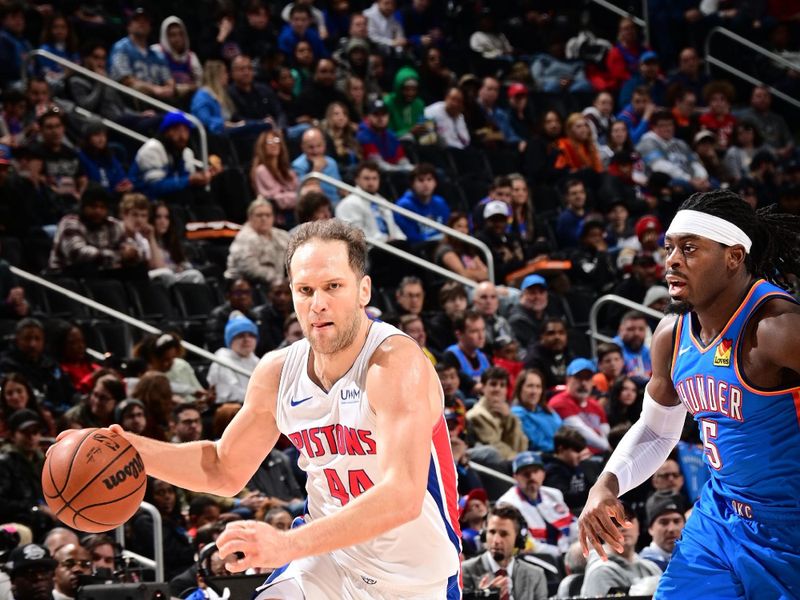 DETROIT, MI - JANUARY 28: Bojan Bogdanovic #44 of the Detroit Pistons drives to the basket during the game against the Oklahoma City Thunder on January 28, 2024 at Little Caesars Arena in Detroit, Michigan. NOTE TO USER: User expressly acknowledges and agrees that, by downloading and/or using this photograph, User is consenting to the terms and conditions of the Getty Images License Agreement. Mandatory Copyright Notice: Copyright 2024 NBAE (Photo by Chris Schwegler/NBAE via Getty Images)