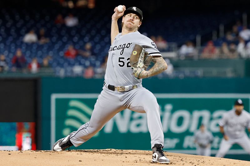 Sep 18, 2023; Washington, District of Columbia, USA; Chicago White Sox starting pitcher Mike Clevinger (52) pitches against the Washington Nationals during the first inning at Nationals Park. Mandatory Credit: Geoff Burke-USA TODAY Sports