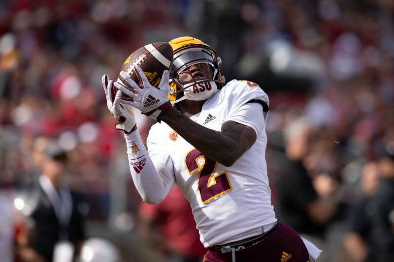 Oct 22, 2022; Stanford, California, USA; Arizona State Sun Devils wide receiver Elijhah Badger (2) catches a pass against the Stanford Cardinal at Stanford Stadium. Mandatory Credit: D. Ross Cameron-USA TODAY Sports