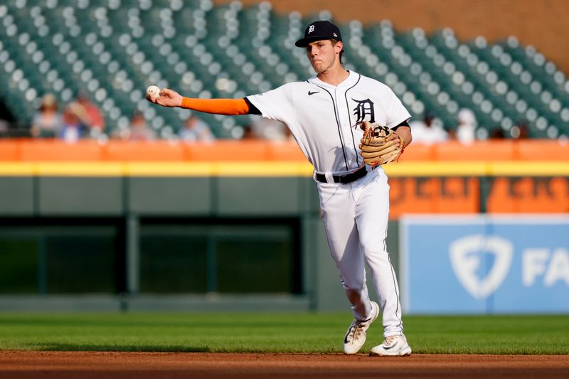 Aug 8, 2023; Detroit, Michigan, USA;  Detroit Tigres second baseman Nick Maton (9) makes a throw in the first inning against the Minnesota Twins at Comerica Park. Mandatory Credit: Rick Osentoski-USA TODAY Sports