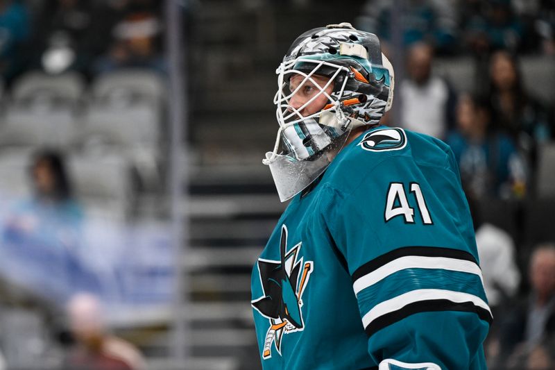 Oct 29, 2024; San Jose, California, USA; San Jose Sharks goaltender Vitek Vanecek (41) looks on against the Los Angeles Kings in the first period at SAP Center at San Jose. Mandatory Credit: Eakin Howard-Imagn Images