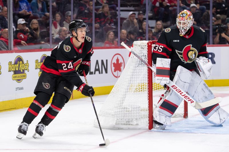 Oct 29, 2024; Ottawa, Ontario, CAN; Ottawa Senators defenseman Jacob Bernard-Docker (24) skates with the puck in the second period against the St. Louis Blues at the Canadian Tire Centre. Mandatory Credit: Marc DesRosiers-Imagn Images