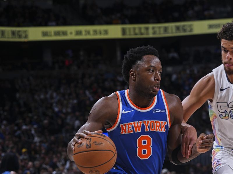 DENVER, CO - NOVEMBER 25: OG Anunoby #8 of the New York Knicks drives to the basket during the game against the Denver Nuggets on November 25, 2024 at Ball Arena in Denver, Colorado. NOTE TO USER: User expressly acknowledges and agrees that, by downloading and/or using this Photograph, user is consenting to the terms and conditions of the Getty Images License Agreement. Mandatory Copyright Notice: Copyright 2024 NBAE (Photo by Bart Young/NBAE via Getty Images)