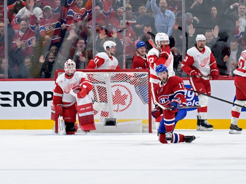 Apr 8, 2025; Montreal, Quebec, CAN; Montreal Canadiens forward Josh Anderson (17) celebrates after scoring a goal against Detroit Red Wings goalie Cameron Talbot (39) during the third period at the Bell Centre. Mandatory Credit: Eric Bolte-Imagn Images