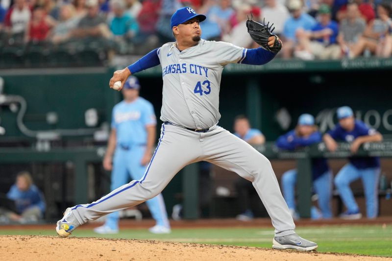 Jun 23, 2024; Arlington, Texas, USA; Kansas City Royals relief pitcher Carlos Hernandez (43) delivers a pitch to the Texas Rangers during the eighth inning at Globe Life Field. Mandatory Credit: Jim Cowsert-USA TODAY Sports