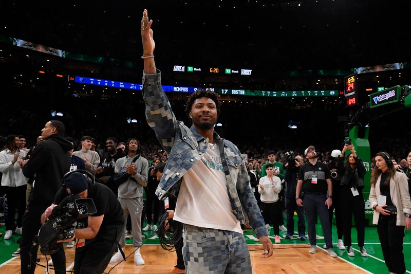 BOSTON, MA - FEBRUARY 4:  Marcus Smart looks on during the game between the Memphis Grizzlies  and Boston Celtics on February 4, 2024 at the TD Garden in Boston, Massachusetts. NOTE TO USER: User expressly acknowledges and agrees that, by downloading and or using this photograph, User is consenting to the terms and conditions of the Getty Images License Agreement. Mandatory Copyright Notice: Copyright 2024 NBAE  (Photo by Brian Babineau/NBAE via Getty Images)