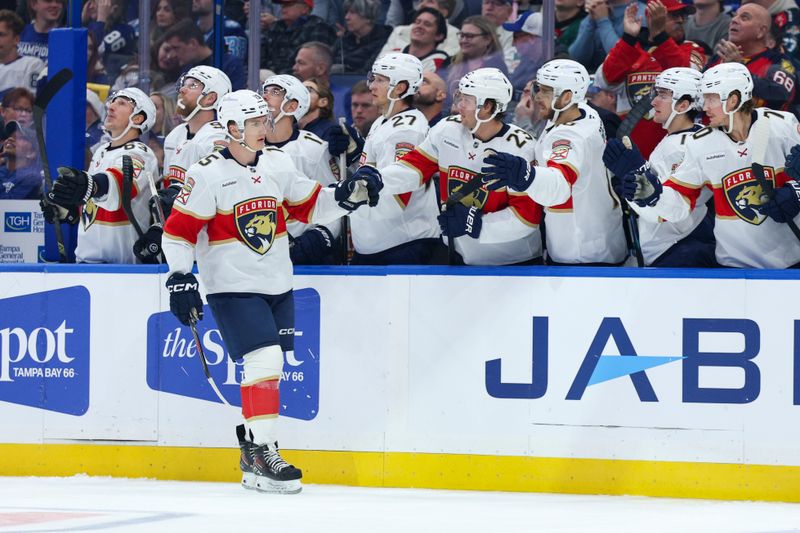 Dec 15, 2025; Tampa, Florida, USA; Florida Panthers center Anton Lundell (15) reacts after scoring a goal against the Tampa Bay Lightning in the first period at Benchmark International Arena. Mandatory Credit: Nathan Ray Seebeck-Imagn Images