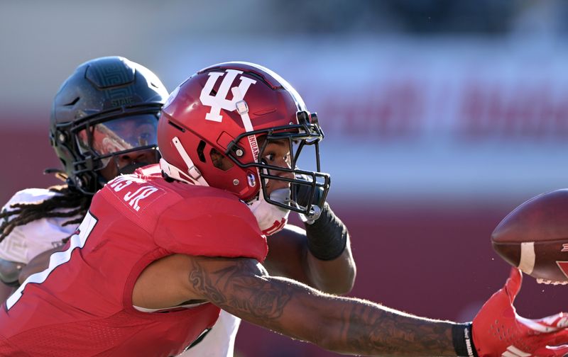 Nov 18, 2023; Bloomington, Indiana, USA; Indiana Hoosiers wide receiver E.J. Williams Jr. (7) reaches and misses a pass during the second half against the Michigan State Spartans at Memorial Stadium. Mandatory Credit: Marc Lebryk-USA TODAY Sports