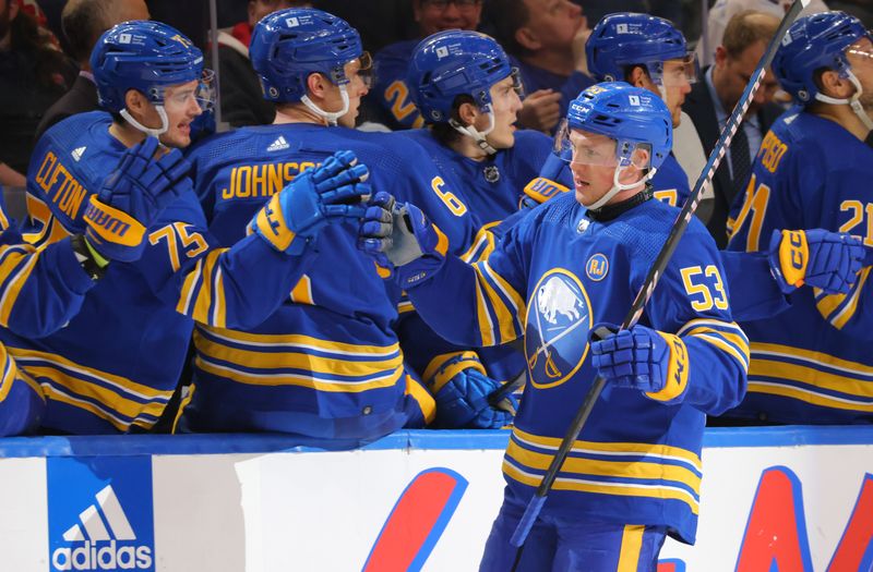 Dec 5, 2023; Buffalo, New York, USA;  Buffalo Sabres left wing Jeff Skinner (53) celebrates his goal with teammates during the third period against the Detroit Red Wings at KeyBank Center. Mandatory Credit: Timothy T. Ludwig-USA TODAY Sports