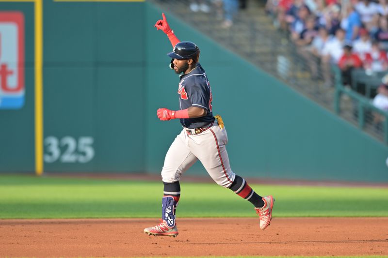 Jul 3, 2023; Cleveland, Ohio, USA; Atlanta Braves center fielder Michael Harris II (23) rounds the bases after hitting a home run during the third inning against the Cleveland Guardians at Progressive Field. Mandatory Credit: Ken Blaze-USA TODAY Sports