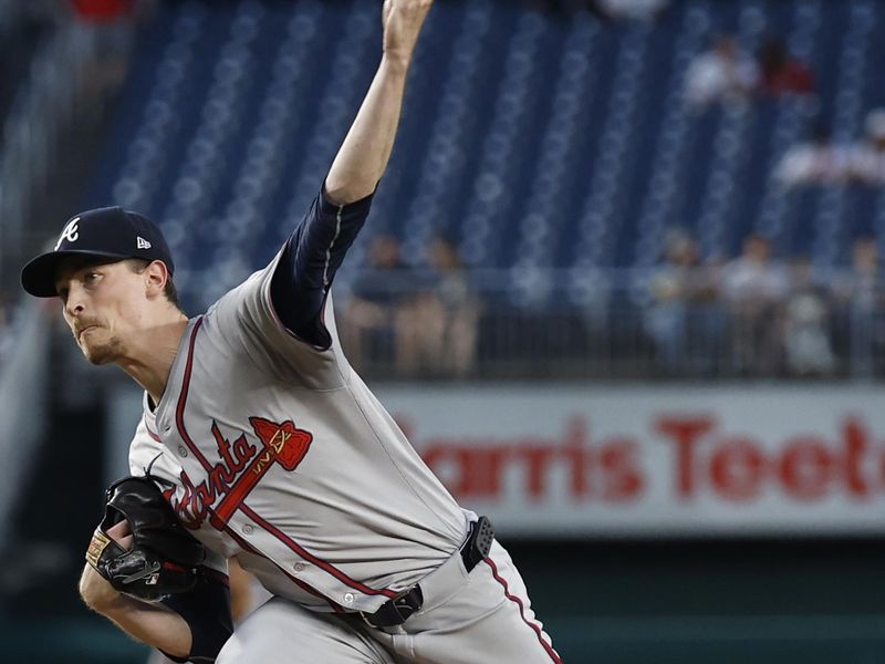 Sep 11, 2024; Washington, District of Columbia, USA; Atlanta Braves pitcher Max Fried (54) pitches against the Washington Nationals during the third inning at Nationals Park. Mandatory Credit: Geoff Burke-Imagn Images