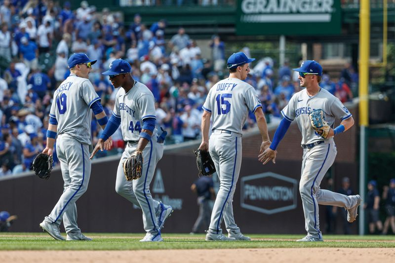 Aug 18, 2023; Chicago, Illinois, USA; Kansas City Royals players celebrate after defeating the Chicago Cubs at Wrigley Field. Mandatory Credit: Kamil Krzaczynski-USA TODAY Sports