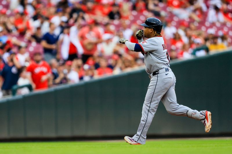 May 16, 2025; Cincinnati, Ohio, USA; Cleveland Guardians third baseman Jose Ramirez (11) runs the bases after hitting a solo home run in the eighth inning against the Cincinnati Reds at Great American Ball Park. Mandatory Credit: Katie Stratman-Imagn Images