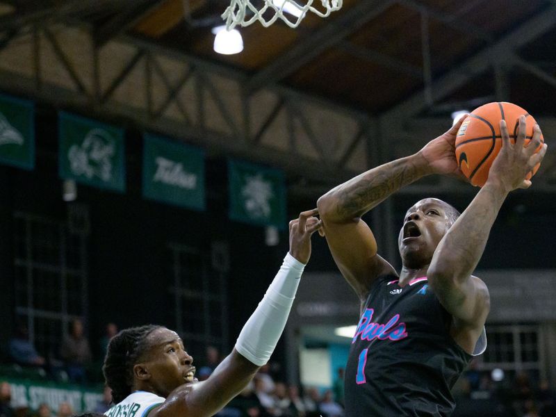 Jan 11, 2024; New Orleans, Louisiana, USA; Florida Atlantic Owls guard Johnell Davis (1) shoots over Tulane Green Wave forward Kevin Cross (24) during the first half at Avron B. Fogelman Arena in Devlin Fieldhouse. Mandatory Credit: Matthew Hinton-USA TODAY Sports