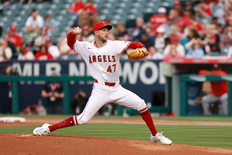 May 15, 2024; Anaheim, California, USA;  Los Angeles Angels starting pitcher Griffin Canning (47) pitches during the first inning against the St. Louis Cardinals at Angel Stadium. Mandatory Credit: Kiyoshi Mio-USA TODAY Sports