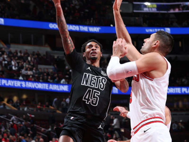 CHICAGO, IL - DECEMBER 2: Keon Johnson #45 of the Brooklyn Nets drives to the basket during the game against the Chicago Bulls on December 2, 2024 at United Center in Chicago, Illinois. NOTE TO USER: User expressly acknowledges and agrees that, by downloading and or using this photograph, User is consenting to the terms and conditions of the Getty Images License Agreement. Mandatory Copyright Notice: Copyright 2024 NBAE (Photo by Jeff Haynes/NBAE via Getty Images)