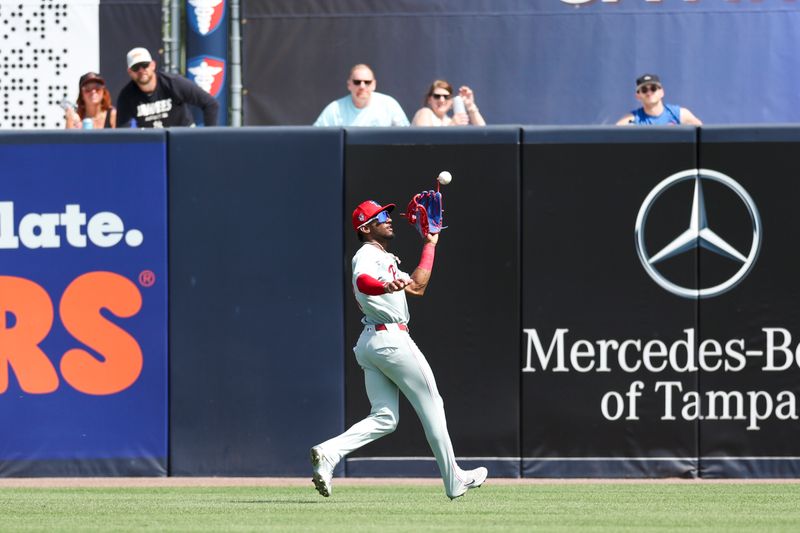 Mar 18, 2024; Tampa, Florida, USA;  Philadelphia Phillies center fielder Johan Rojas (18) catches a fly ball against the New York Yankees in the sixth inning at George M. Steinbrenner Field. Mandatory Credit: Nathan Ray Seebeck-USA TODAY Sports