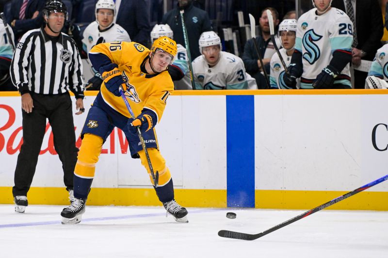 Oct 15, 2024; Nashville, Tennessee, USA;  Nashville Predators defenseman Brady Skjei (76) takes shot on goal against the Seattle Kraken during the first period at Bridgestone Arena. Mandatory Credit: Steve Roberts-Imagn Images