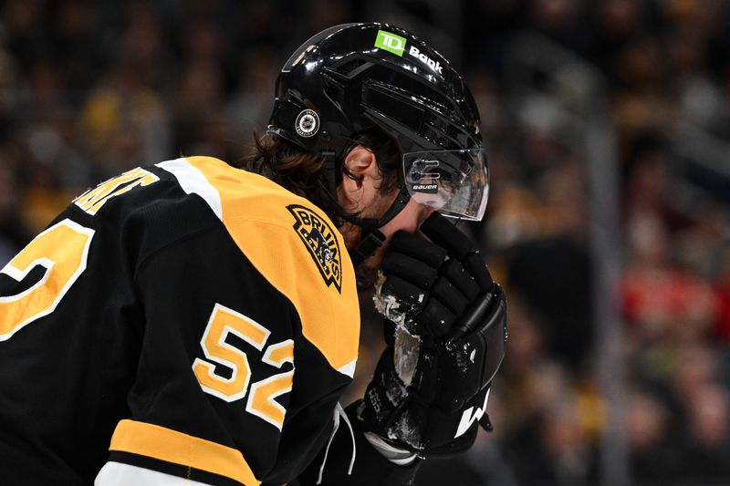 Dec 3, 2024; Boston, Massachusetts, USA; Boston Bruins defenseman Andrew Peeke (52) reacts after being hit by a puck during the second period of a game against the Detroit Red Wings at the TD Garden. Mandatory Credit: Brian Fluharty-Imagn Images