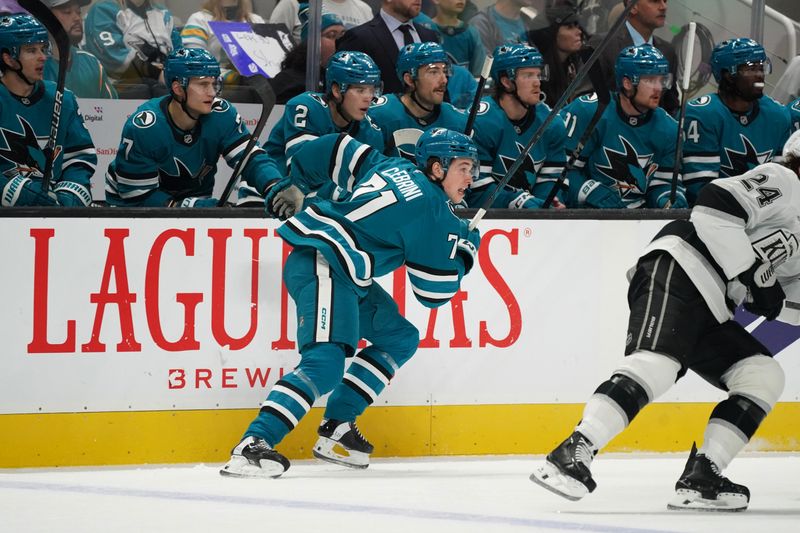 Nov 25, 2024; San Jose, California, USA; San Jose Sharks center Macklin Celebrini (71) chases the puck against the Los Angeles Kings in the first period at SAP Center at San Jose. Mandatory Credit: David Gonzales-Imagn Images