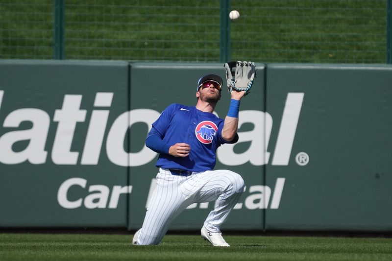 Feb 25, 2026; Mesa, Arizona, USA; Chicago Cubs left fielder Ian Happ (8) makes the catch for an out against the Colorado Rockies in the second inning at Sloan Park. Mandatory Credit: Rick Scuteri-Imagn Images