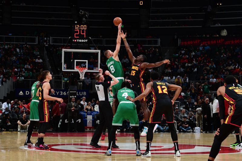 ATLANTA, GA - MARCH 28: The opening tip off during the game between the Boston Celtics and the Atlanta Hawks on March 28, 2024 at State Farm Arena in Atlanta, Georgia.  NOTE TO USER: User expressly acknowledges and agrees that, by downloading and/or using this Photograph, user is consenting to the terms and conditions of the Getty Images License Agreement. Mandatory Copyright Notice: Copyright 2024 NBAE (Photo by Scott Cunningham/NBAE via Getty Images)