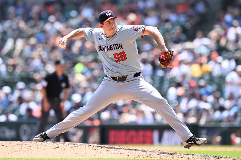 Jun 13, 2024; Detroit, Michigan, USA;  Washington Nationals pitcher Derek Law (58) throws a pitch against the Detroit Tigers in the sixth inning at Comerica Park. Mandatory Credit: Lon Horwedel-USA TODAY Sports