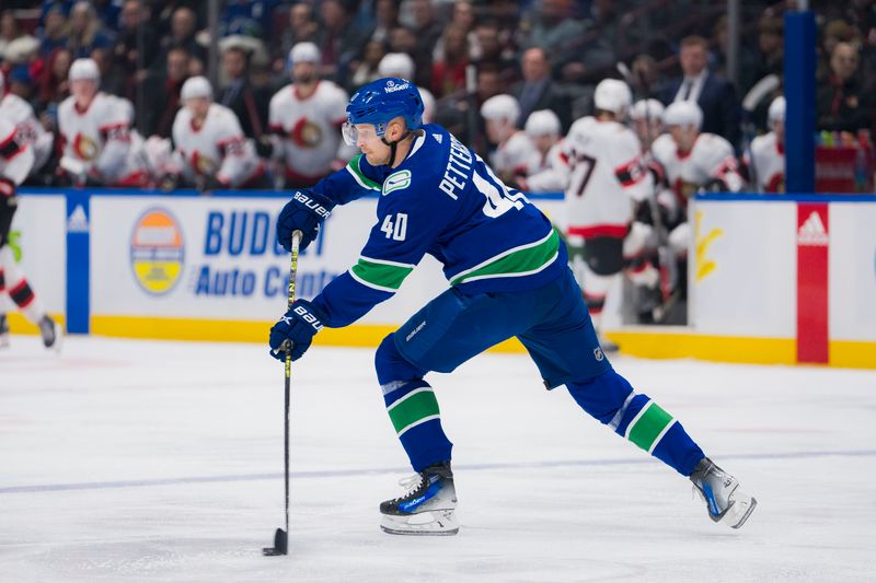 Jan 2, 2024; Vancouver, British Columbia, CAN; Vancouver Canucks forward Elias Pettersson (40) makes a pass against the Ottawa Senators in the first period at Rogers Arena. Mandatory Credit: Bob Frid-USA TODAY Sports