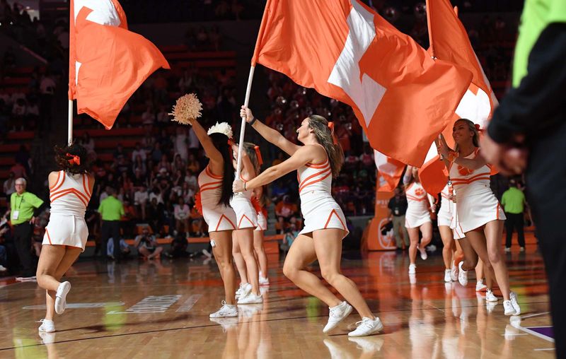 Feb 22, 2023; Clemson, South Carolina, USA; Clemson cheerleaders perform during a break of action against Syracuse during the second half at Littlejohn Coliseum. Mandatory Credit: Ken Ruinard-USA TODAY Sports