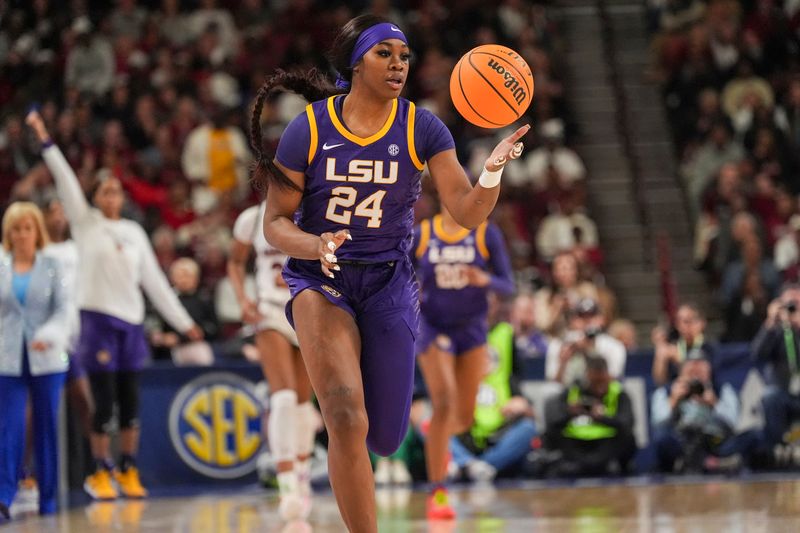 Mar 10, 2024; Greensville, SC, USA; LSU Lady Tigers guard Aneesah Morrow (24) handles the ball against the South Carolina Gamecocks during the first half at Bon Secours Wellness Arena. Mandatory Credit: Jim Dedmon-USA TODAY Sports