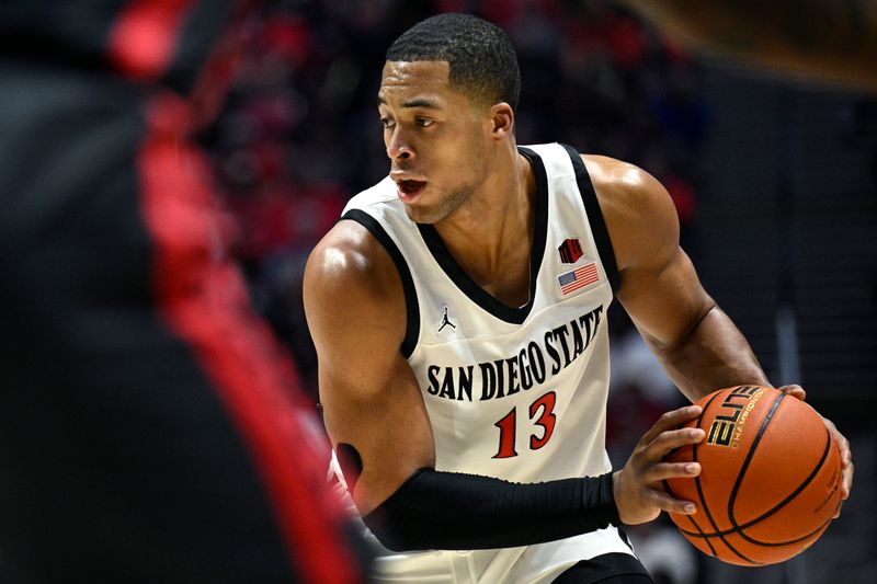 Jan 6, 2024; San Diego, California, USA; San Diego State Aztecs forward Jaedon LeDee (13) controls the ball during the first half against the UNLV Rebels at Viejas Arena. Mandatory Credit: Orlando Ramirez-USA TODAY Sports