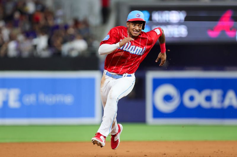 Sep 16, 2023; Miami, Florida, USA; Miami Marlins center fielder Dane Myers (54) circles the bases after a two-run home run by third baseman Jake Burger (not pictured) against the Atlanta Braves during the eighth inning at loanDepot Park. Mandatory Credit: Sam Navarro-USA TODAY Sports