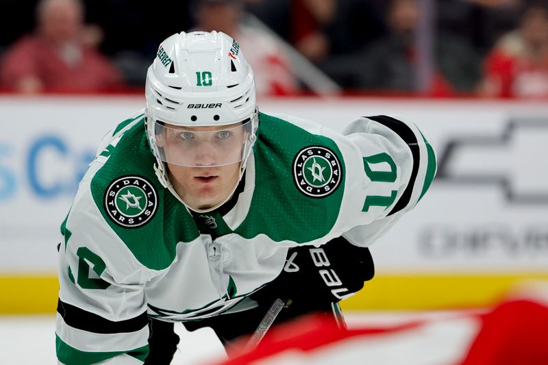 Jan 23, 2024; Detroit, Michigan, USA;  Dallas Stars center Ty Dellandrea (10) gets set during a face off in the third period against the Detroit Red Wings at Little Caesars Arena. Mandatory Credit: Rick Osentoski-USA TODAY Sports