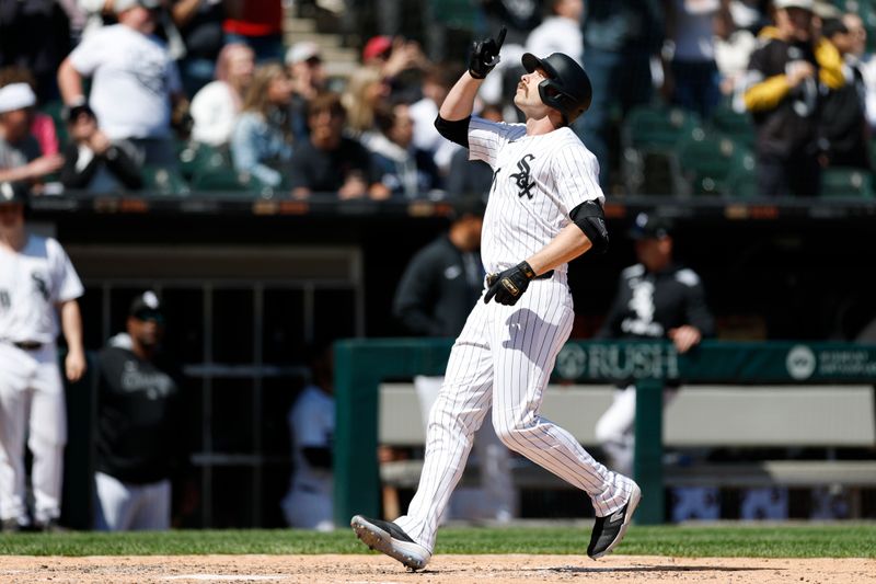 May 25, 2025; Chicago, Illinois, USA; Chicago White Sox left fielder Austin Slater (15) crosses home plate after hitting a solo home run against the Texas Rangers during the sixth inning at Rate Field. Mandatory Credit: Kamil Krzaczynski-Imagn Images