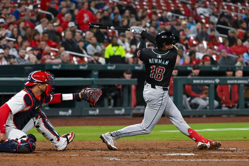 Apr 23, 2024; St. Louis, Missouri, USA;  Arizona Diamondbacks shortstop Kevin Newman (18) hits a two run home run against the St. Louis Cardinals during the fifth inning at Busch Stadium. Mandatory Credit: Jeff Curry-USA TODAY Sports