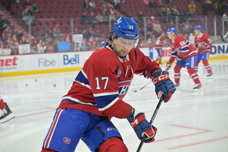 Apr 2, 2024; Montreal, Quebec, CAN; Montreal Canadiens forward Josh Anderson (17) skates during the warmup period before the game against the Florida Panthers at the Bell Centre. Mandatory Credit: Eric Bolte-USA TODAY Sports