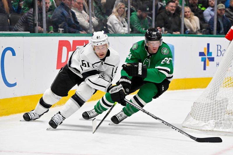 Jan 16, 2024; Dallas, Texas, USA; Los Angeles Kings right wing Carl Grundstrom (91) attempts a wraparound shot past Dallas Stars defenseman Ryan Suter (20) during the third period at the American Airlines Center. Mandatory Credit: Jerome Miron-USA TODAY Sports