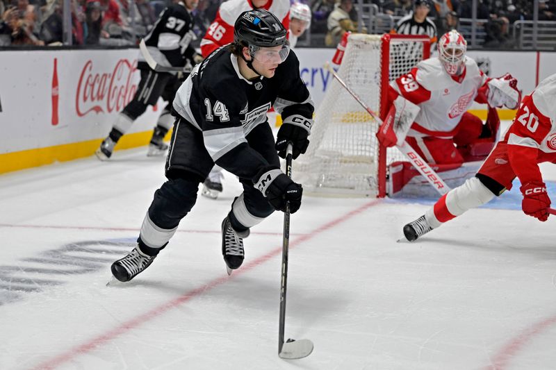 Nov 16, 2024; Los Angeles, California, USA;  Los Angeles Kings right wing Alex Laferriere (14) handles the puck against the Detroit Red Wings at Crypto.com Arena. Mandatory Credit: Jayne Kamin-Oncea-Imagn Images