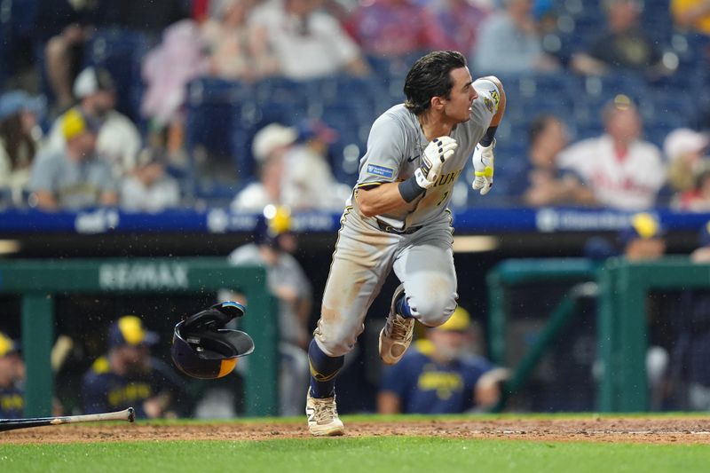 May 30, 2025; Philadelphia, Pennsylvania, USA; Milwaukee Brewers outfielder Sal Frelick (10) hits a single against the Philadelphia Phillies in the ninth inning at Citizens Bank Park. Mandatory Credit: Kyle Ross-Imagn Images