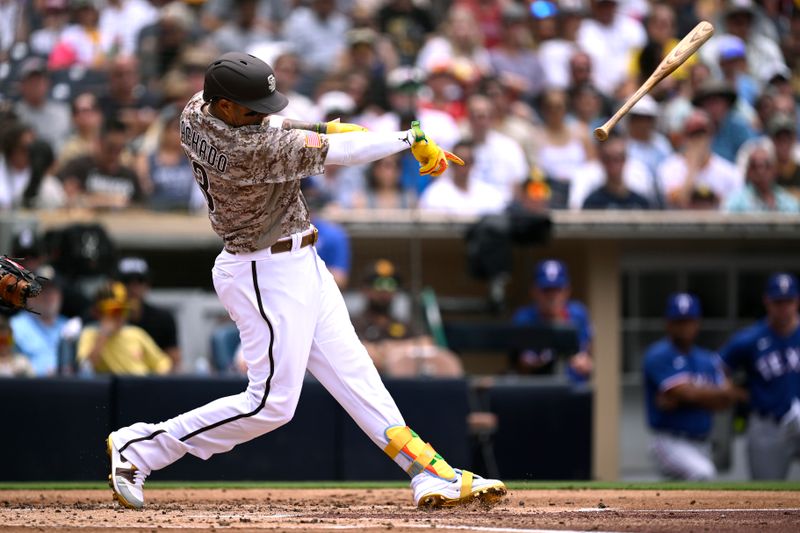 Jul 30, 2023; San Diego, California, USA; San Diego Padres third baseman Manny Machado (13) loses the grip on his bat during a swing in the first inning against the Texas Rangers at Petco Park. Mandatory Credit: Orlando Ramirez-USA TODAY Sports