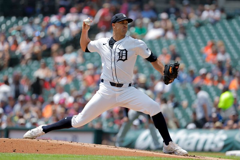 Jul 11, 2024; Detroit, Michigan, USA;  Detroit Tigers pitcher Jack Flaherty (9) pitches in the first inning against the Cleveland Guardians at Comerica Park. Mandatory Credit: Rick Osentoski-USA TODAY Sports