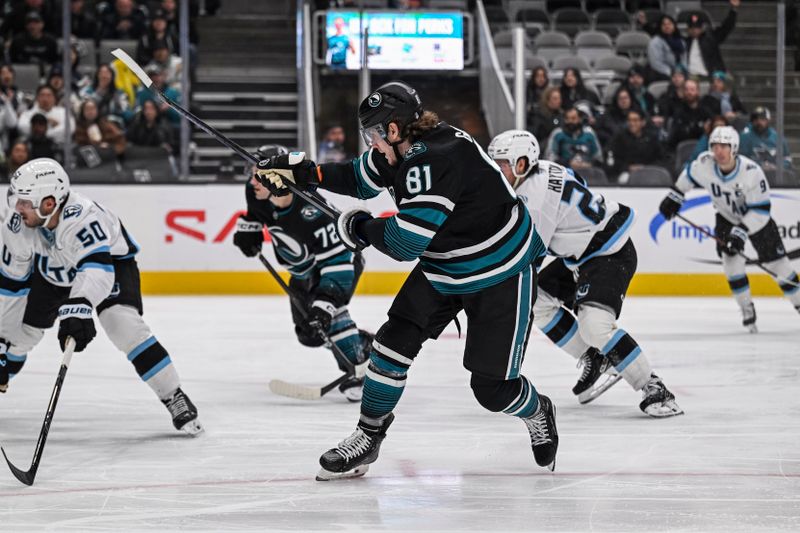 Dec 1, 2025; San Jose, California, USA; San Jose Sharks right wing Adam Gaudette (81) scores during the second period against the Utah Mammoth at SAP Center at San Jose. Mandatory Credit: Justine Willard-Imagn Images