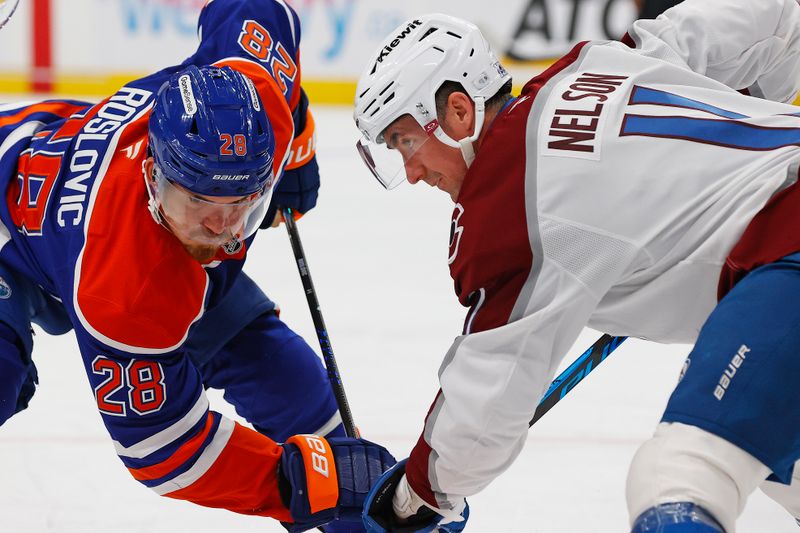 Nov 8, 2025; Edmonton, Alberta, CAN; Edmonton Oilers /218/ and Colorado Avalanche forward Brock Nelson (11) battle during a face-off in the first period at Rogers Place. Mandatory Credit: Perry Nelson-Imagn Images