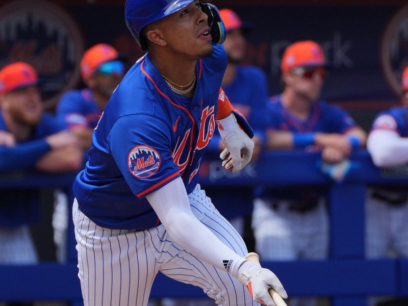 Mar 10, 2024; Port St. Lucie, Florida, USA;  New York Mets third baseman Mark Vientos (27) hits a home run in the second inning against the New York Mets at Clover Park. Mandatory Credit: Jim Rassol-USA TODAY Sports