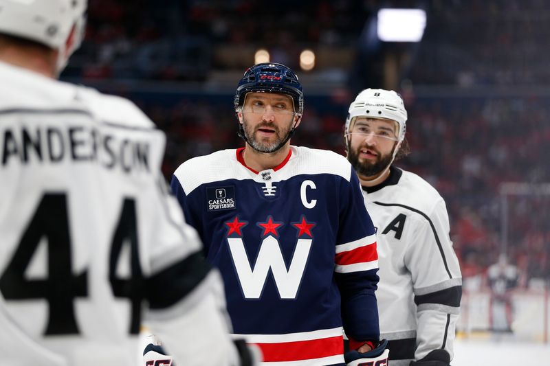 Jan 7, 2024; Washington, District of Columbia, USA; Washington Capitals left wing Alex Ovechkin (8) looks on in front of Los Angeles Kings defenseman Drew Doughty (8) during a stoppage in play in the second period at Capital One Arena. Mandatory Credit: Amber Searls-USA TODAY Sports